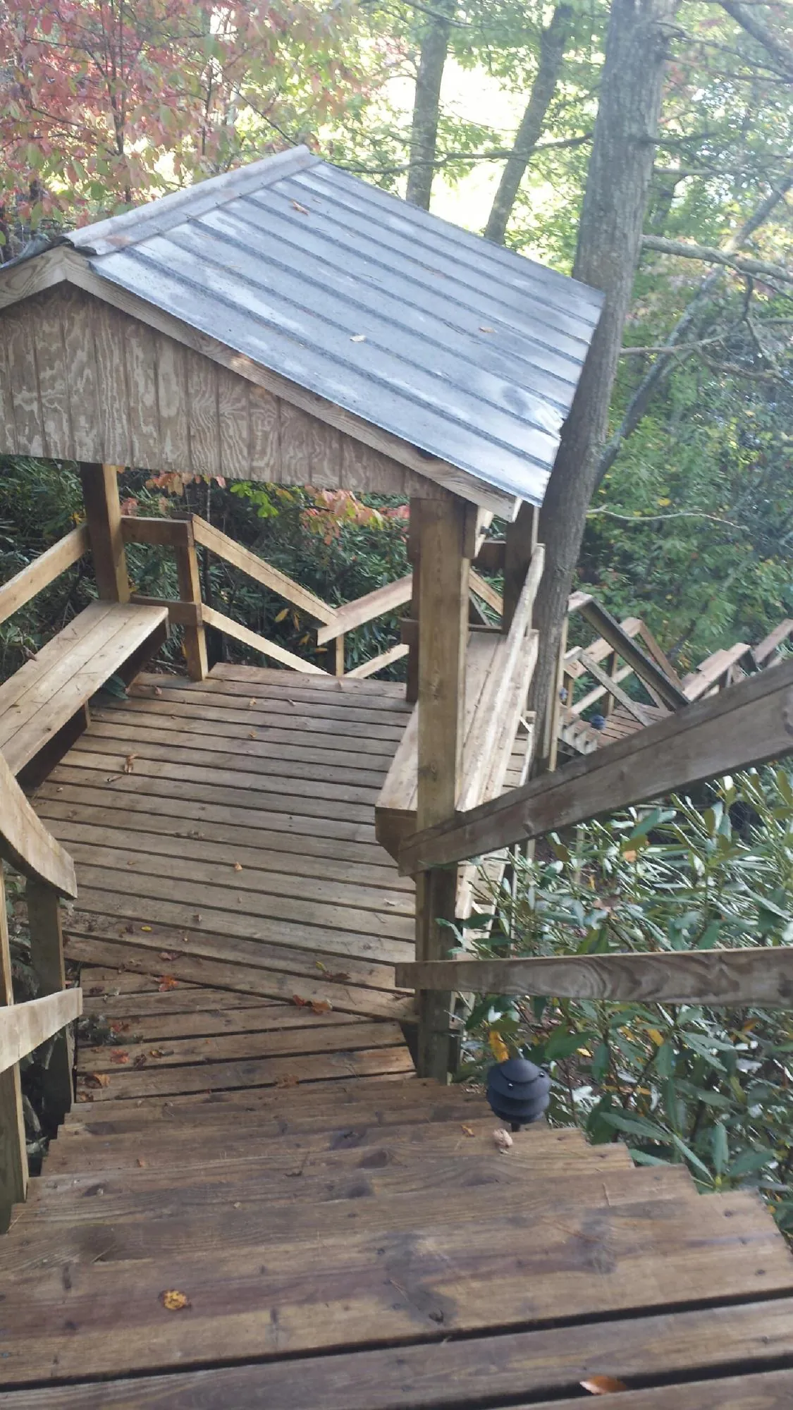 Metal roofed shelter over wooden steps on a wooded walkway — Skylight Repair & Installation work by our crew in Deepwater